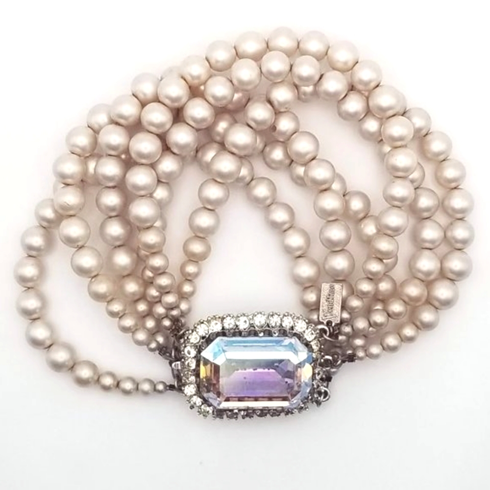 Vendome Signed Vintage 6-Strand Pearl Bracelet Large Glass AB Crystal Bracelet